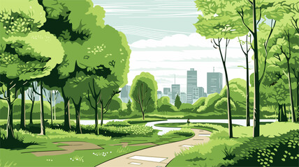 Abstract urban park with green trees and walking paths. simple Vector art - obrazy, fototapety, plakaty
