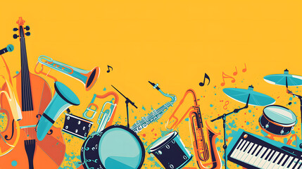 a collection of musical instruments such as guitar, piano, trumpet on a yellow background with copy space - obrazy, fototapety, plakaty