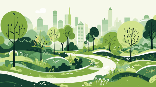 Abstract urban park with green trees and walking paths. simple Vector art