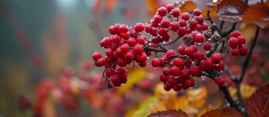 A cluster of red berries dangles from a branch of a grapevine family tree, showcasing a beautiful...