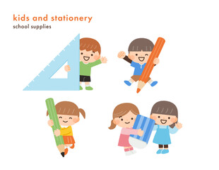 文房具、学校用品と子供たちのイラスト素材