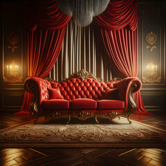 Fototapeta premium A red luxurious sofa against a wall with luxurious curtains ,light focused on sofa , modern interior design