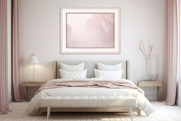 A soothing bedroom space with a blank white frame on a wall washed in gentle, pastel shades, exuding tranquility.