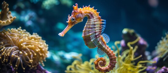A Syngnathiformes organism, the seahorse, is gracefully swimming in the underwater world of a coral reef surrounded by sea anemones