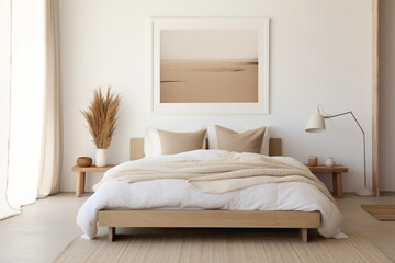 A serene bedroom space with a blank white frame, beautifully contrasting against a backdrop of soft, earthy tones.