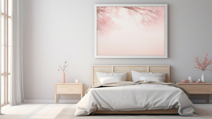 Fototapeta na wymiar A serene bedroom with a blank white empty frame, adorned with a simple yet captivating watercolor painting in soft pastel shades.