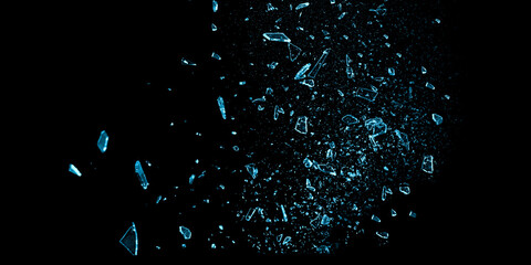 Broken blue glass on the black bachground. Isolated realistic cracked glass effect. Ice particles texture	