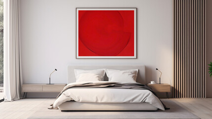 A serene bedroom with a blank white empty frame, adorned with a minimalist, digitally created artwork in bold primary colors.