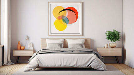 A serene bedroom with a blank white empty frame, adorned with a minimalist, digitally created artwork in bold primary colors. - obrazy, fototapety, plakaty