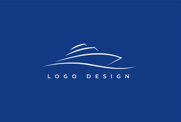 Yacht Logo. Minimalist Cruiser Ship Outline Style Logotype for Business, Branding, Identity, Marketing that Related with ship, travel, nautical, transport, vacation, sailboat, journey, trip, marine. - obrazy, fototapety, plakaty