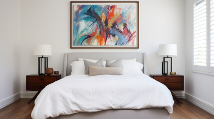 A serene bedroom with a blank white empty frame, adorned with a simple yet captivating abstract painting in vibrant hues.