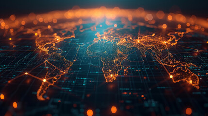 Fototapeta premium A futuristic network graph displaying the top trading routes between different regions of the world. The nodes of the graph represent major trade hubs while the edges represent