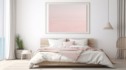 Fototapeta na wymiar A serene bedroom with a blank white empty frame, adorned with a simple yet captivating watercolor painting in soft pastel shades.