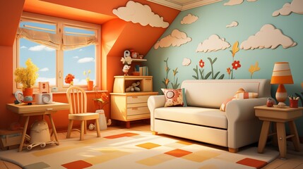 A cheerful nursery with vibrant coral walls and sunny yellow accents, featuring whimsical wall decals and plush toys, creating a bright and playful environment for the little one to explore and grow
