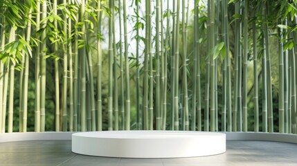 White circle podium with bamboo plants background