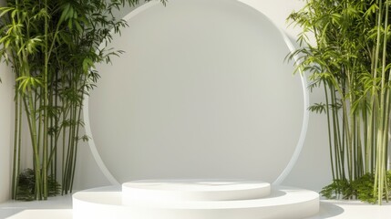 Circular White Podium with a Background of Bamboo Plants - obrazy, fototapety, plakaty