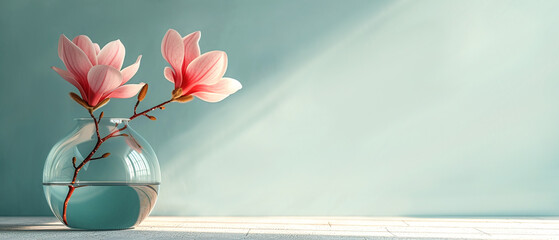 Minimalistic light background with a glass vase with the magnolia plant and blurred foliage shadow on a light wall. Generated AI.