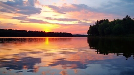 Fototapeta premium A peaceful lake at sunset reflecting the stunning colors of the sky and offering a picturesque view for retirees to relax and reflect.