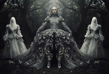 Fashion portrait of a young woman in fantasy dress in surreal settings. Ideal for fashion concepts, floral arrangements, beauty, elegance, and artistic designs.
