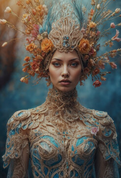 Fashion portrait of a young woman in fantasy dress in surreal outdoor settings. A blend of baroque and rococo styles. Fashion concepts, floral, beauty, elegance, and artistic designs.