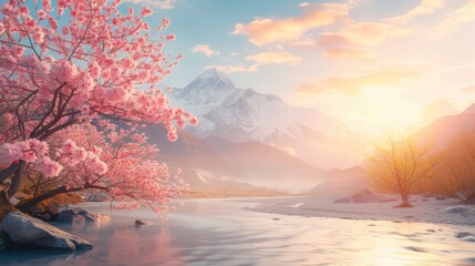  dramatic sunset over flowing clear river with blooming pink cherry blossom or pink sakura on tree on the way travel to Mardi Himal, Himalaya area, China.