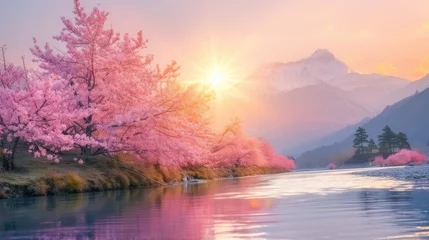 Crédence de cuisine en verre imprimé Himalaya  dramatic sunset over flowing clear river with blooming pink cherry blossom or pink sakura on tree on the way travel to Mardi Himal, Himalaya area, China.