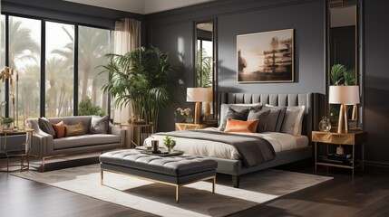 Fototapeta premium A contemporary bedroom with charcoal gray walls and soft gold accents