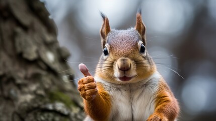 Portrait of friendly squirrel making thumbs up. - obrazy, fototapety, plakaty