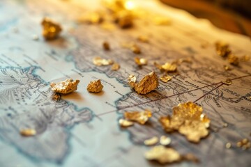 Natural gold nuggets displayed on a map with mining pan, symbolizing the search for wealth and the adventure of gold prospecting.
