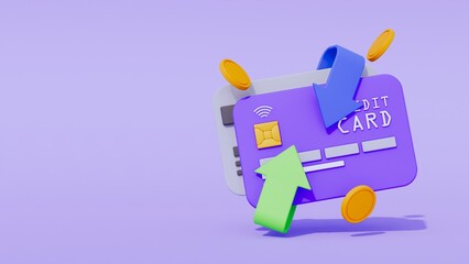 Digital online payment transaction via wireless payment technology with credit card , 3d rendering