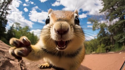 Close-up selfie portrait of a chipmunk.