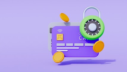 Secure payment with credit card and flying coins, 3d render