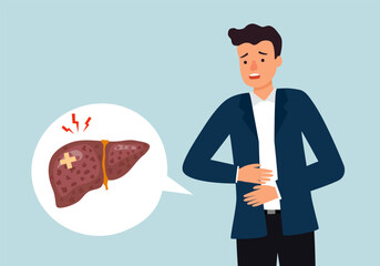 Man with liver disease in flat design. Liver cirrhosis or cancer.