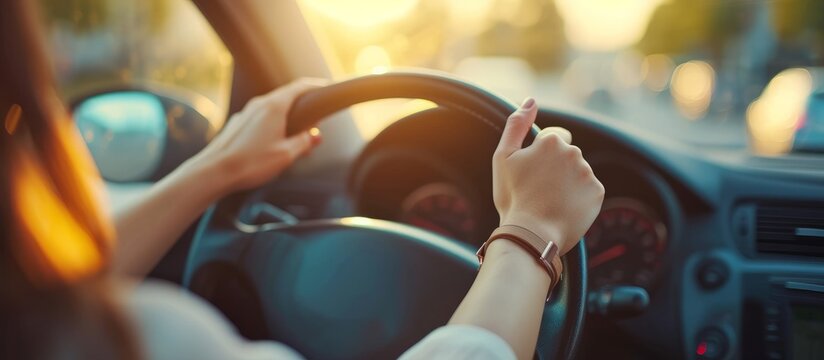 Confident woman driving car with hands on steering wheel in urban city street