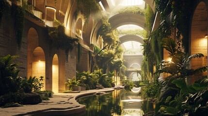 An underground city lit by artificial sunlight, housing thousands in a post-climate change world.