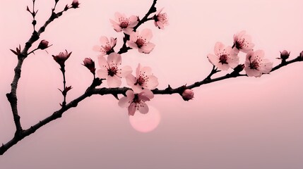 Delicate cherry blossom branches against a pale pink sky, evoking a sense of serenity and...