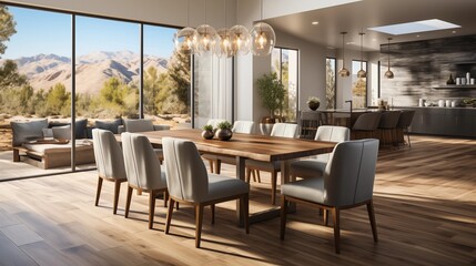 A contemporary dining room with light gray upholstered chairs and a rich espresso accent wall