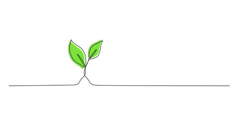 One continuous line growing sprout. Hand drawn doodle line art plant with green color
