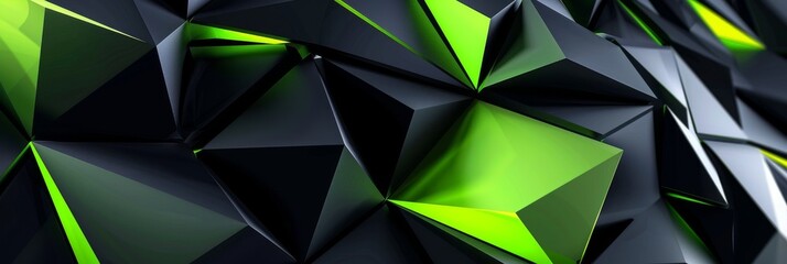 Geometric Pattern Contrast Neon Green Color Scheme - Triangular Facets Create 3D Dimensional Illusion Similar to Origami Crystalline Structure Background created with Generative AI Technology
