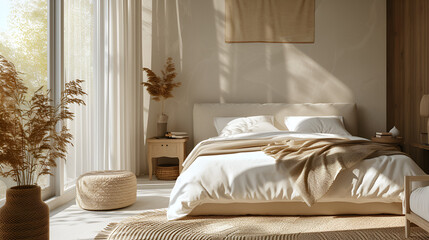 Modern house interior details. Simple cozy beige bedroom, generative ai