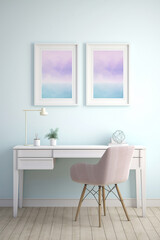 Fototapeta na wymiar A serene office space featuring a pristine white frame complementing a wall adorned with soft, pastel colors, creating a tranquil and welcoming mockup.