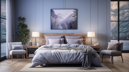 A cozy bedroom with light periwinkle bedding and midnight navy accent wall