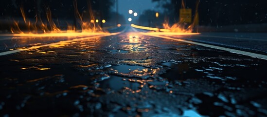Night city after rain, View of roadside city lights from the asphalt surface