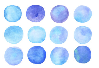 Watercolor blue circles set. Graphic Paint Blots on Paper. Art round hand drawn elements. Painted Watercolor spots.