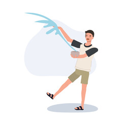 Thai Culture Festivities. Songkarn Festival Celebration. man Joyfully Splashing Water during Songkarn.