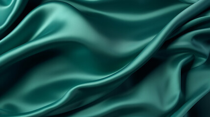 Dark teal green silk satin Shiny smooth fabric Soft folds Luxury background with space for design