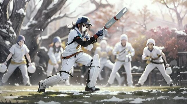A beautiful woman is playing cricket with her friends, looks so charming, wears a protective shirt and her uniform is white, Seamless looping time-lapse animation video background  Generated AI