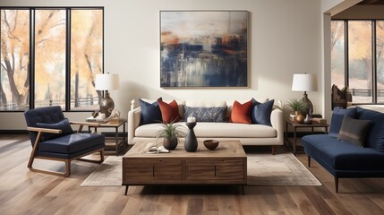 A cozy living room with creamy beige walls and night sky accent furniture,