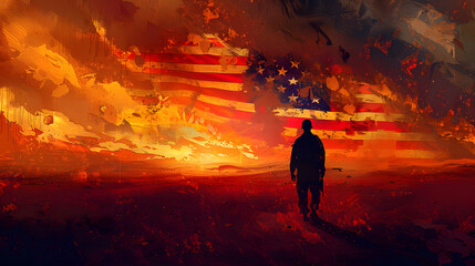 Obraz premium Memorial Day, silhouette of a saluting soldier, superimposed on a worn American flag