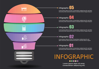 Vector infographic on a gray-black background, light bulbs with 5 layers, 5 steps or sequences in work, presentation of plans as ideas, creative ideas to help with presentations for understanding.